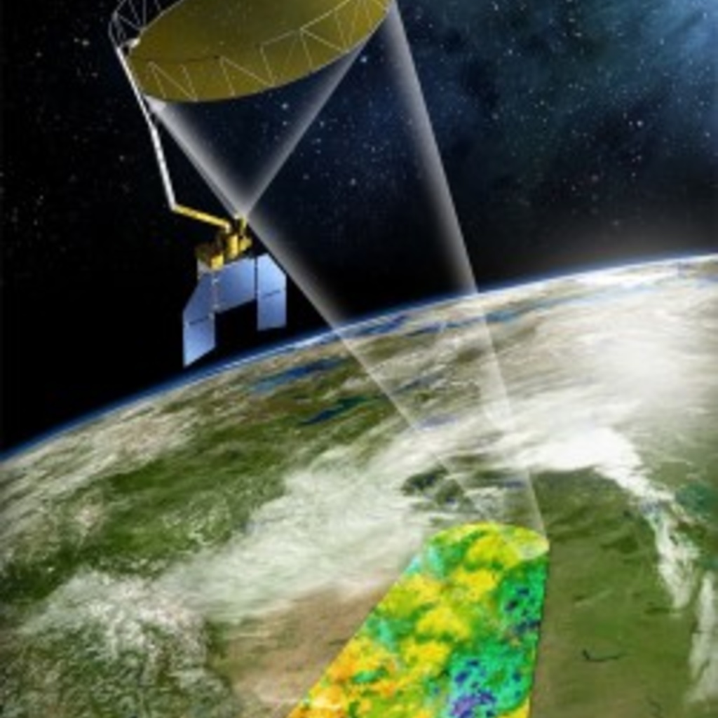 Illustration depicting the Soil Moisture Active Passive satellite as it orbits Earth