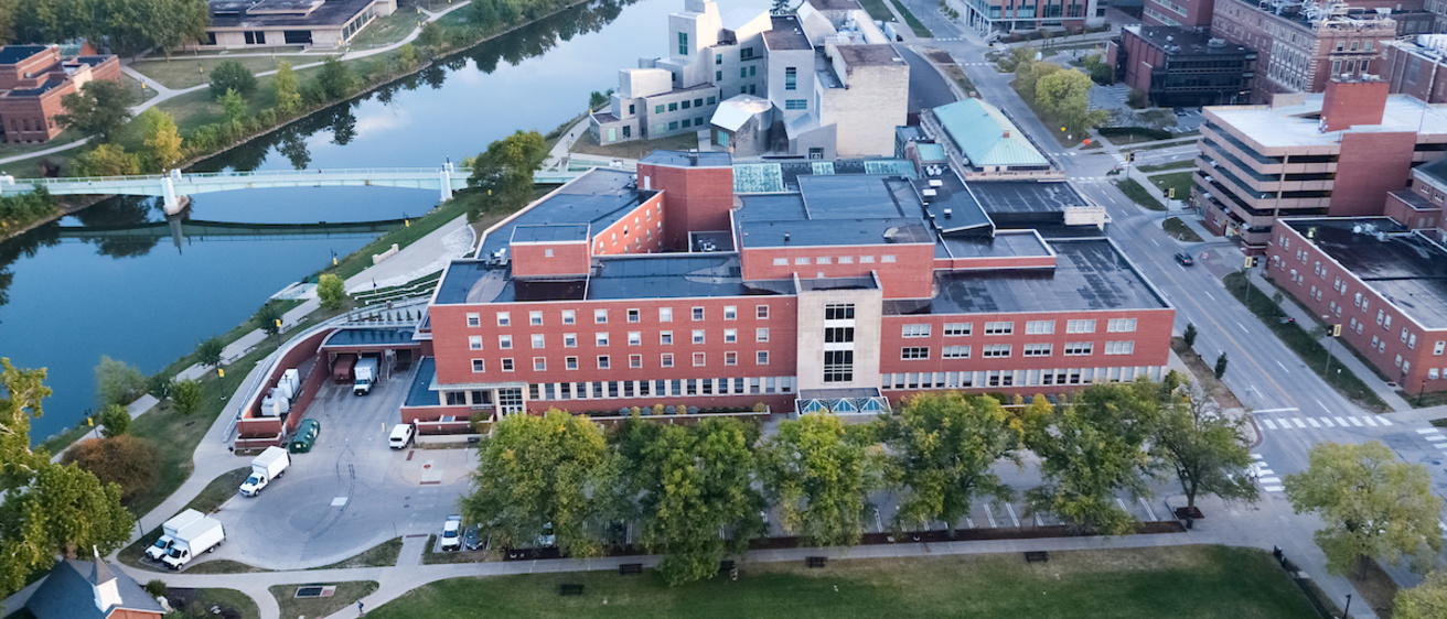 Aerial photo of Iowa Memorial Union and Iowa River